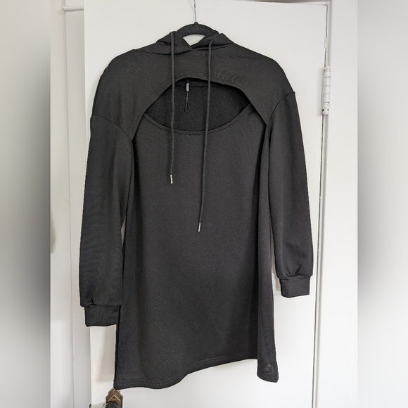 NWOT ZAFUL Cutout Drop Shoulder Mini Sweater Hoodie Dress Black Size M - Picture 4 of 5